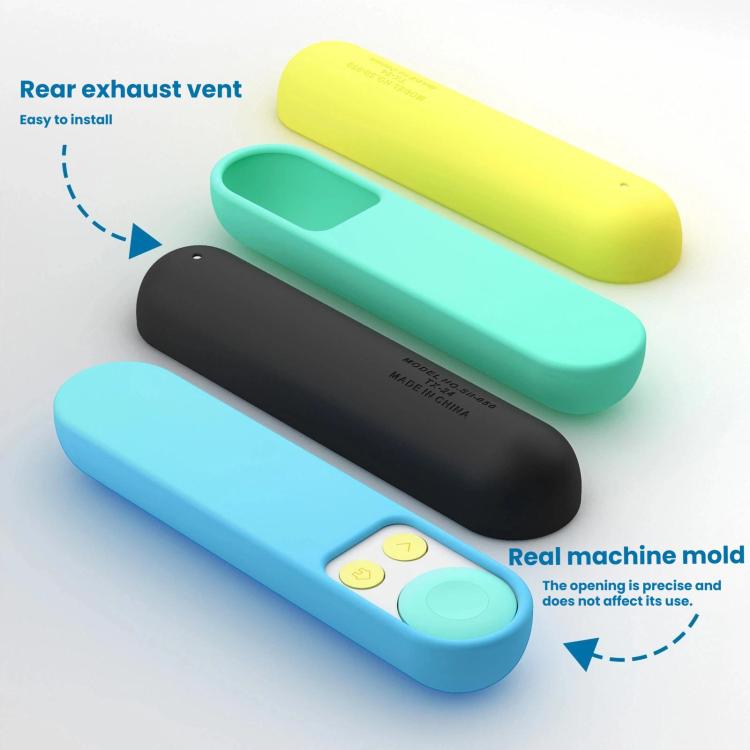 Silicone remote controller case with rear vent opening, shown in blue and black