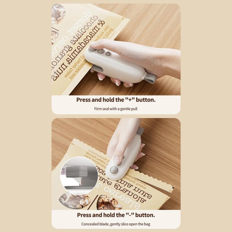 Hand using a white mini bag sealer to press and open a sealed food bag.