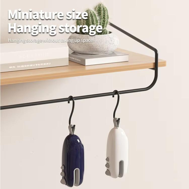 Mini bag sealer stored on hanging rack, showing compact size and hanging clips.