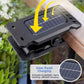 Black solar clip-on light with foldout solar panel and mounting clip on wood