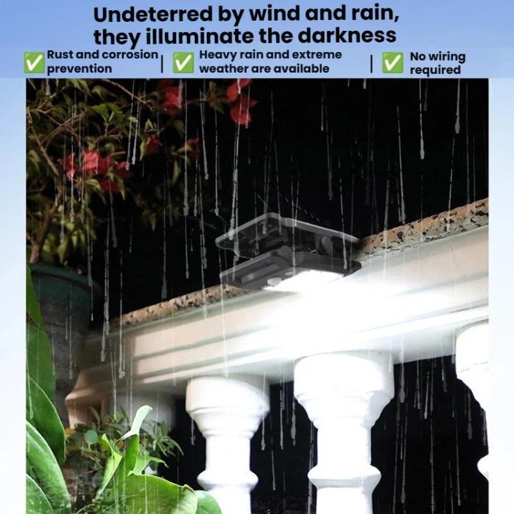 Glowing white solar clip-on lights under eaves with rain effects