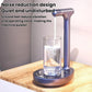 Grey electric water dispenser pump dispensing into a clear glass cup