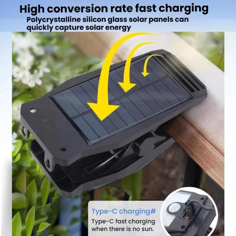 Black solar clip-on light with solar panel top and Type-C charging port