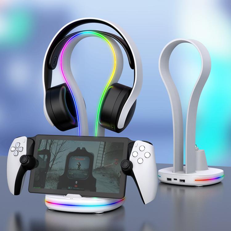 White headset charging dock stand with RGB light ring and game controller holder