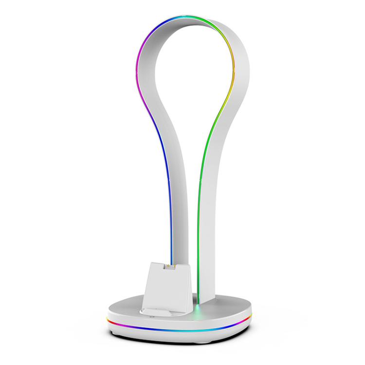 White headset stand dock with glowing RGB ring on round base