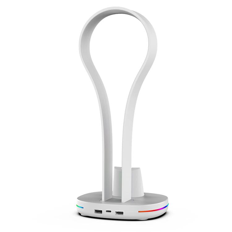 White charging dock with RGB base lights and tall headset stand