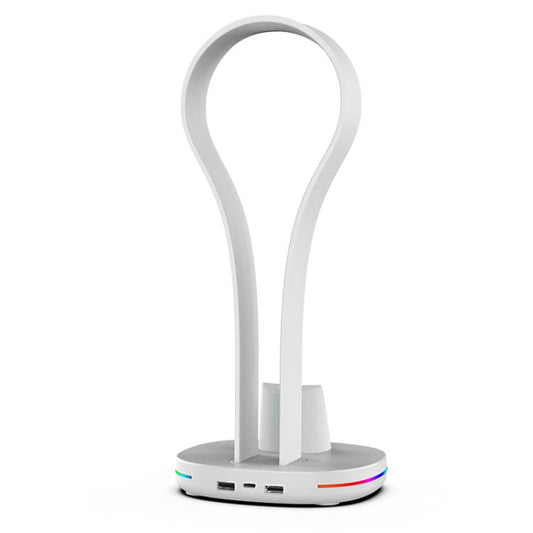 White charging dock with RGB base lights and tall headset stand