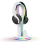 White headset stand dock holding black headphones with RGB light strip