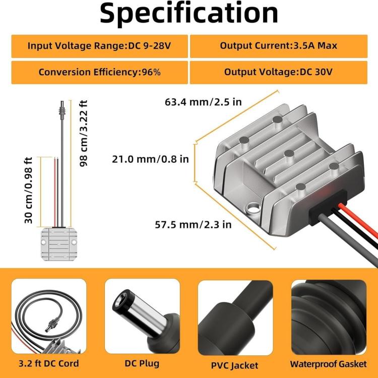 DC boost power converter module with PVC-jacket DC cord and waterproof gasket