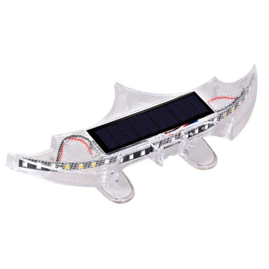Solar-powered rear wing light, bat-shaped clear housing with solar panel and LED strips