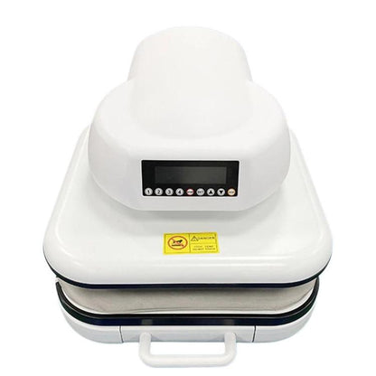 White electric heat press machine with digital control panel and hinged handle
