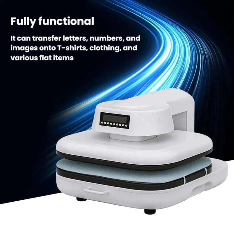 White fully automatic heat press with hinged platen and digital control screen