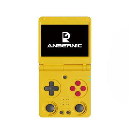 Yellow handheld retro gaming console with dual joysticks and large cross button