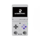 Gray clamshell handheld retro gaming console with screen and circular analog sticks