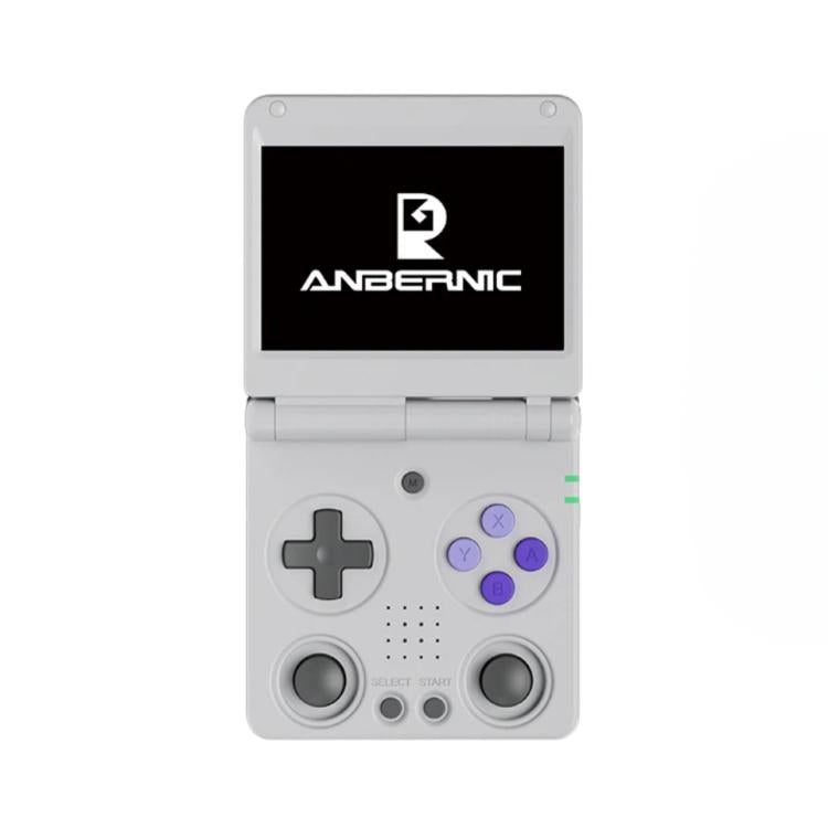 Gray handheld retro gaming console with plus pad and dual thumbsticks, open clamshell