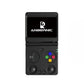Black handheld retro gaming console with plus button, colored circle pad, and triggers