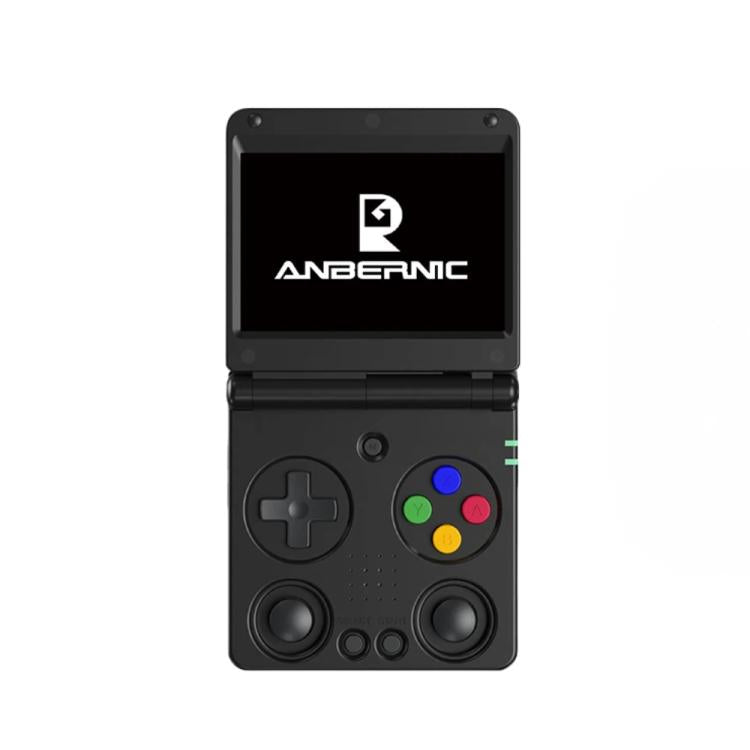 Black handheld retro gaming console with plus button, colored circle pad, and triggers