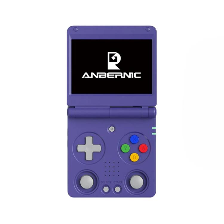 Purple foldable handheld retro game console with screen display and button controls