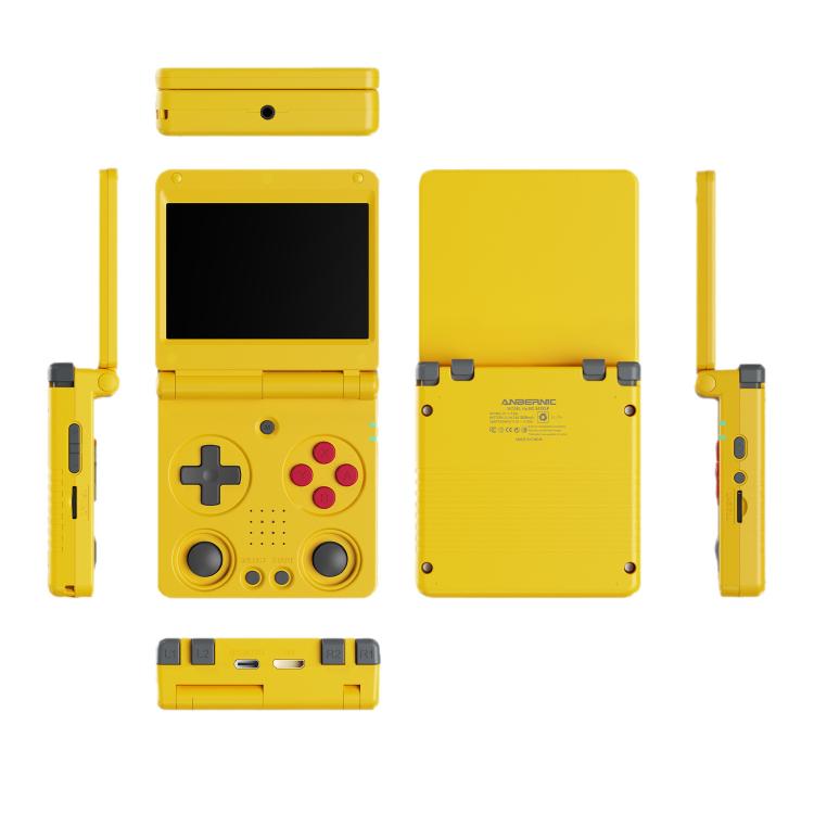 Yellow clamshell handheld retro game console shown from front, back, and side views
