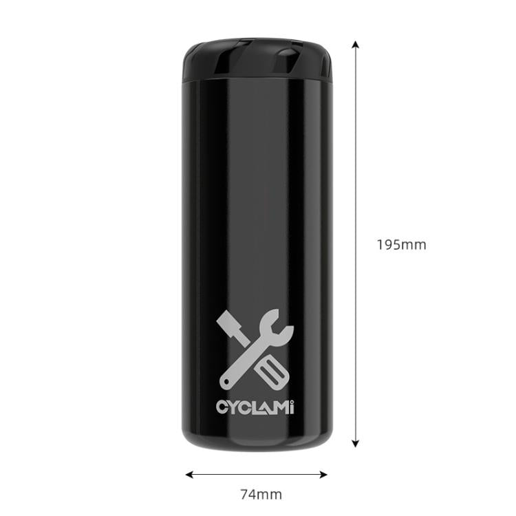 Black bicycle tool canister dimensions diagram with CYCLAMi logo