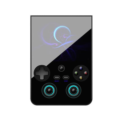Black vertical handheld game console with illuminated ring analog sticks
