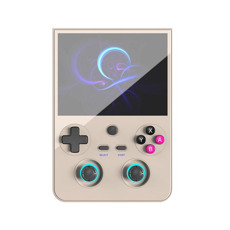 Beige vertical handheld game console with colored ABXY buttons and ring sticks