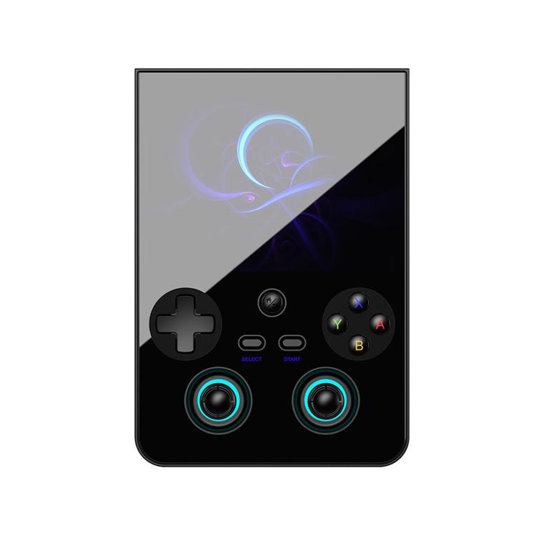 Black vertical handheld game console front view with RGB-lit analog rings
