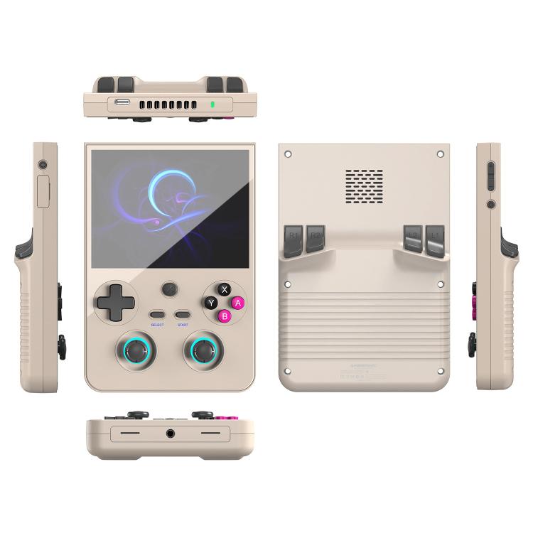 Beige handheld console with front screen, back panel ports, and side grip buttons