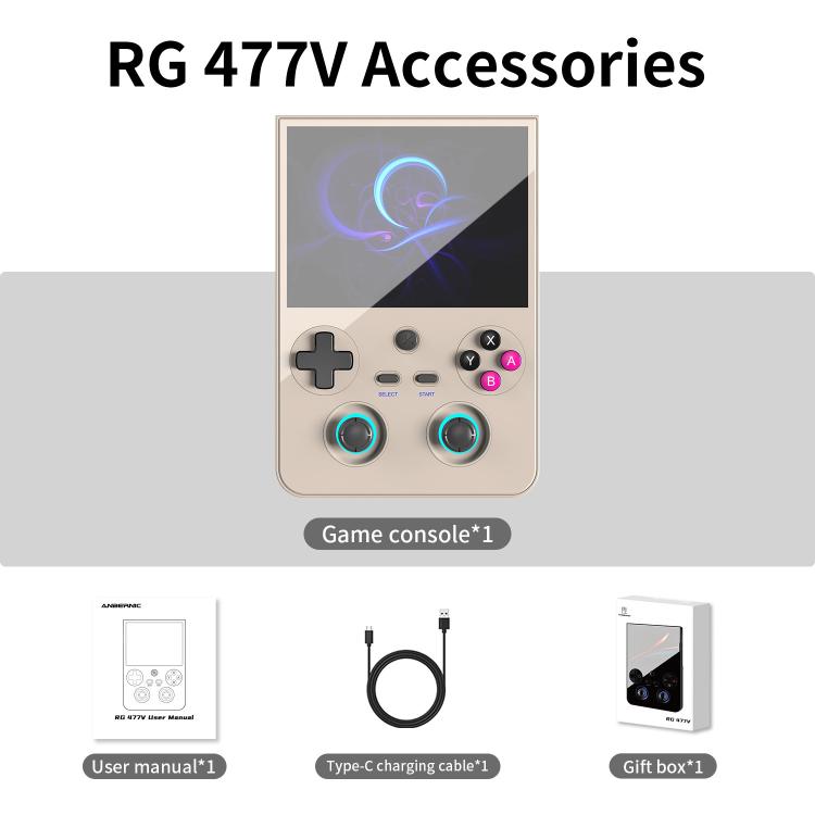 Retro handheld console with accessories shown: charging cable and user manual
