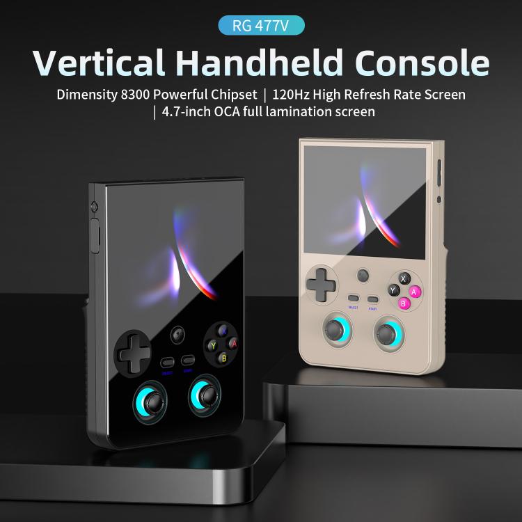 Black and beige vertical handheld game consoles side-by-side with colorful buttons