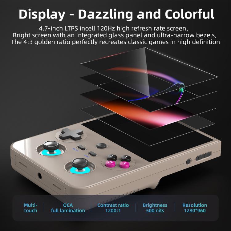 Beige vertical handheld console with screen and colored face buttons