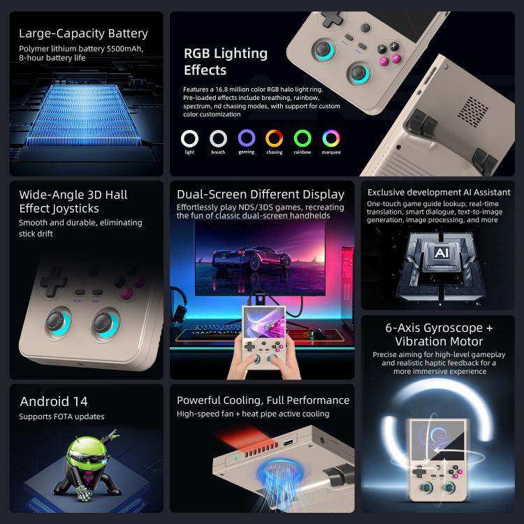 Beige handheld console with RGB lighting and controller details