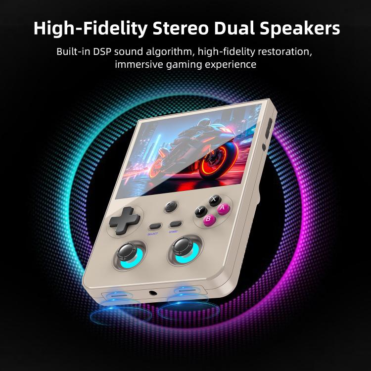 Beige vertical handheld game console surrounded by dual-speaker sound glow