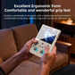 Hands holding a beige vertical handheld game console with lit analog sticks