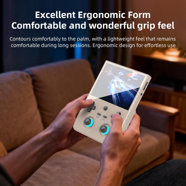 Hands holding a beige vertical handheld game console with lit analog sticks
