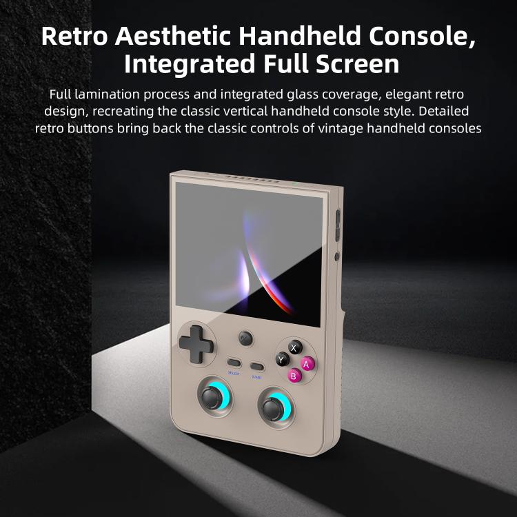 Beige retro handheld game console with full screen and colorful circular thumbsticks