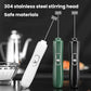 Milk frother whisk with stainless steel stirring head, shown in white, green, black