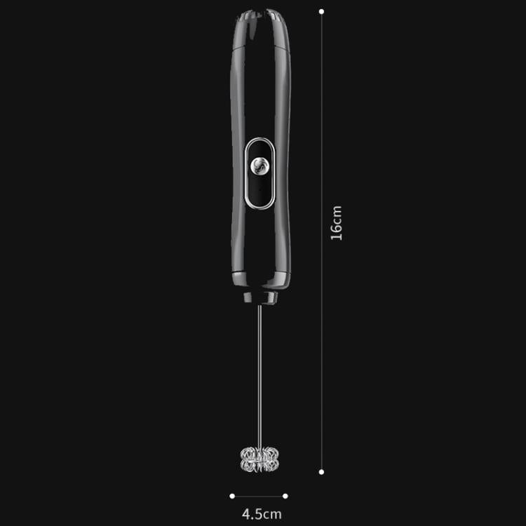 Compact black handheld electric milk frother whisk, with whisk attachment and size shown