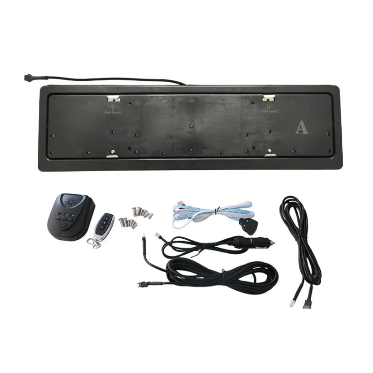 Electric license plate flip frame with remote key fob, wiring harness and mounting hardware.
