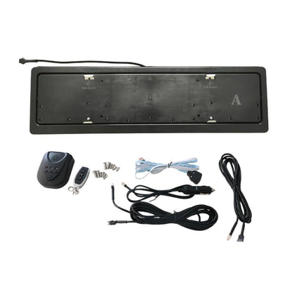 Electric license plate flip frame with remote key fob, wiring harness and mounting hardware.