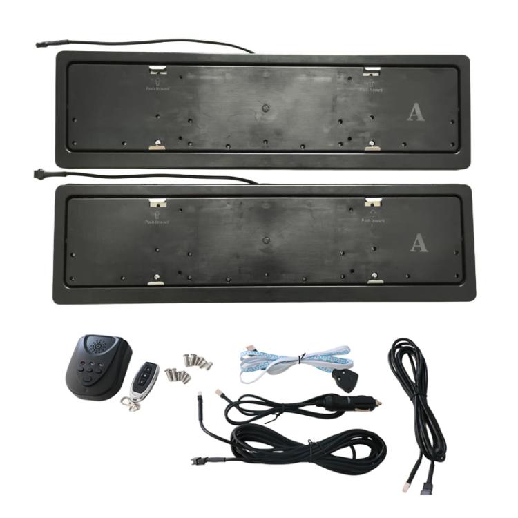 Electric license plate flip frames (two) with remote key fob and wiring harness.