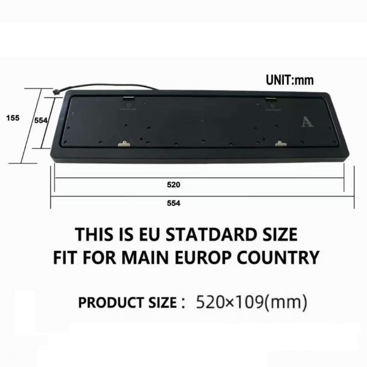 Black license plate flip frame size 520×109 mm, unit mm diagram.