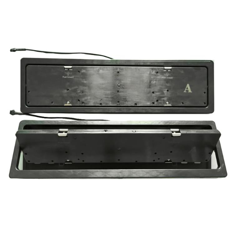 Electric license plate flip frame with housing open, showing inner mounting tray.