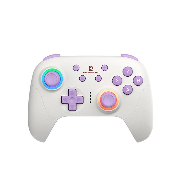 White game controller with purple ABXY buttons, D-pad, and glowing thumbstick rings