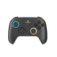 Black game controller with colored ABXY buttons, D-pad, and glowing thumbstick rings