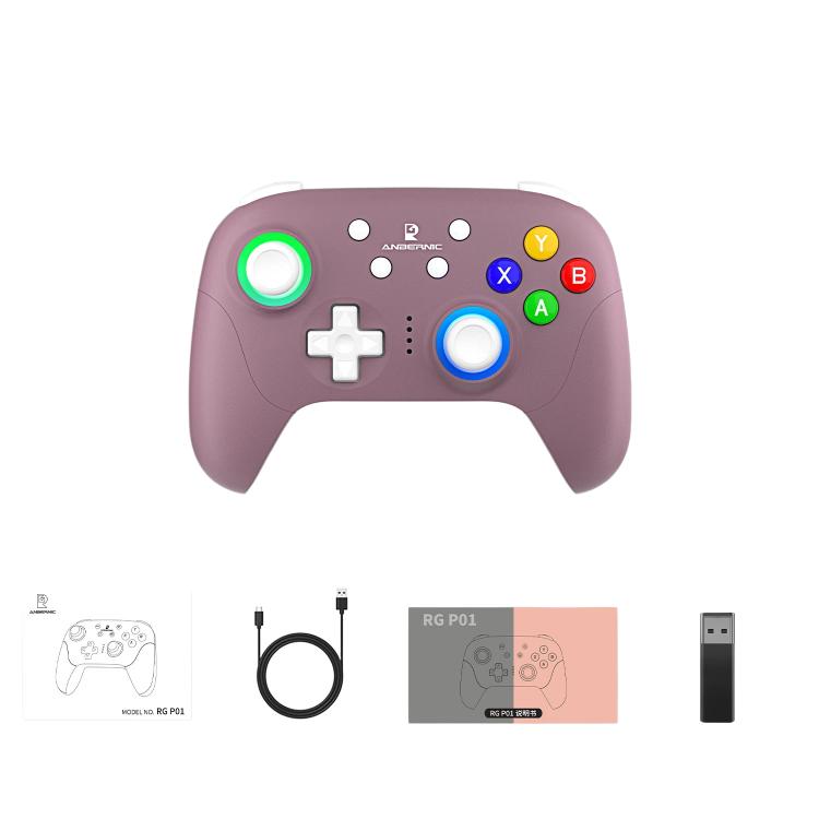 Purple game controller with colored ABXY buttons, D-pad, and glowing thumbstick rings