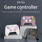 Three-color gaming controller display with colorful buttons and thumbsticks on stands