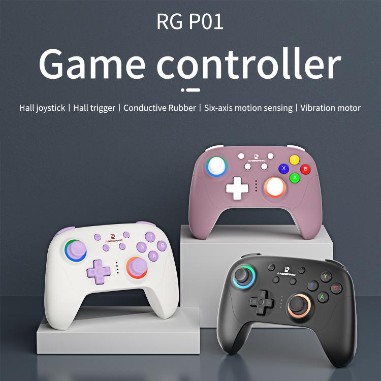 Three-color gaming controller display with colorful buttons and thumbsticks on stands