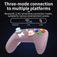 Pink game controller with colorful ABXY buttons, D-pad, and glowing thumbstick rings