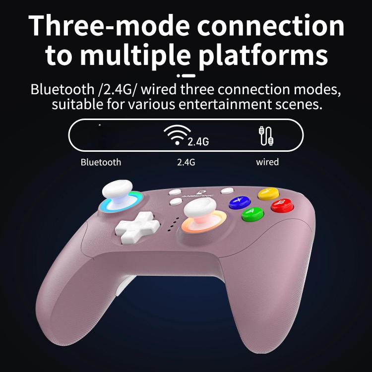 Pink game controller with colorful ABXY buttons, D-pad, and glowing thumbstick rings